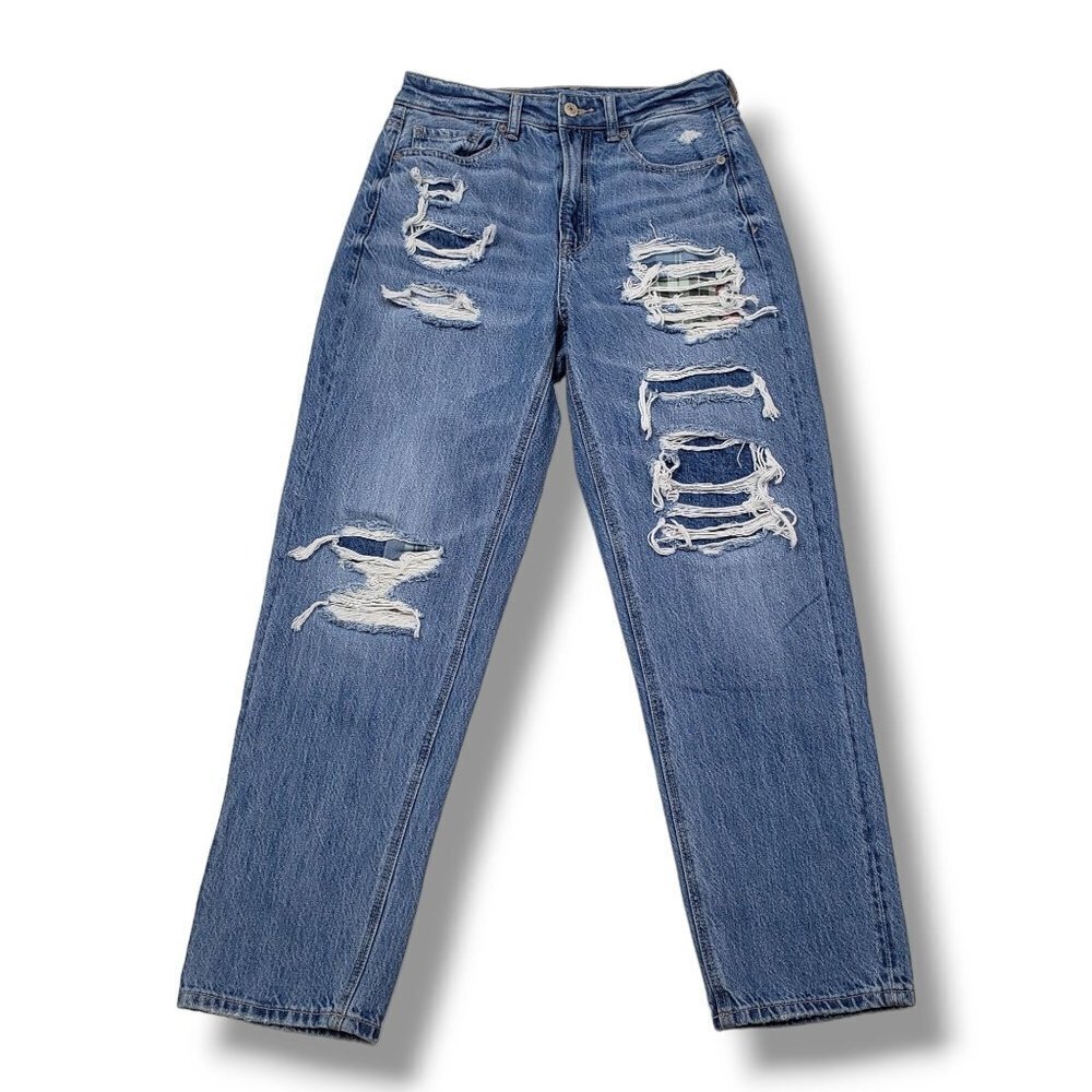 American Eagle Mom‎ Straight Jeans Womens 4 Distressed Ripped High Rise